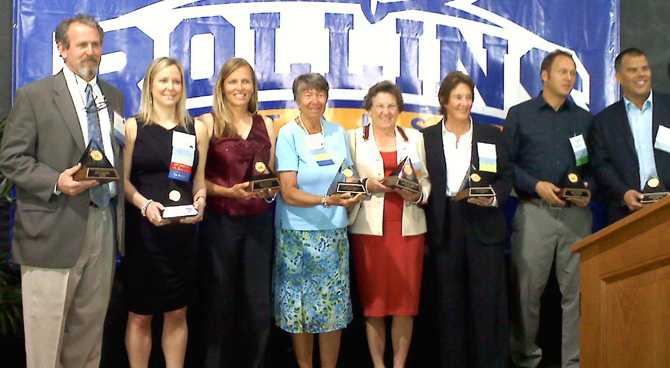 Lynn Welch, third from right, a South Portland native, was inducted Saturday night into the Rollins College Sports Hall of Fame.