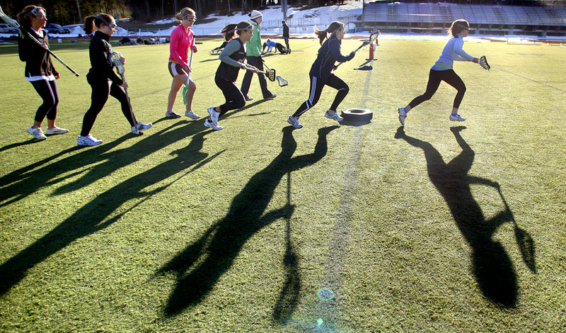 The Yarmouth girls lacrosse team wasted no time getting busy Monday, taking advantage of a clear sky and temperatures in the 40s by diving right into drills. Coaches say they use the first few days of practice to gauge their players fitness levels and to evaluate their strengths.