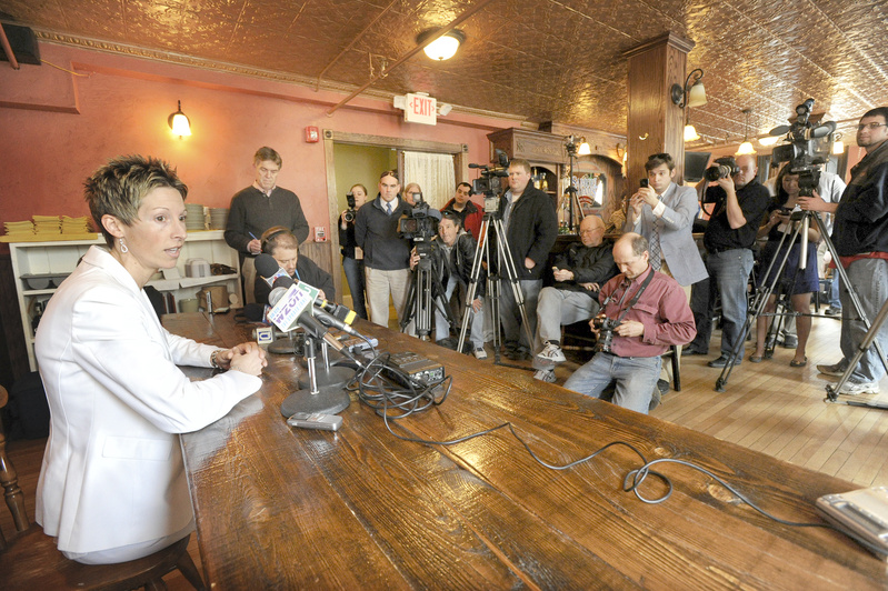 Cindy Blodgett holds a press conference at Paddy Murphy's pub in Bangor on Thursday about her firing as women's basketball coach at the University of Maine.