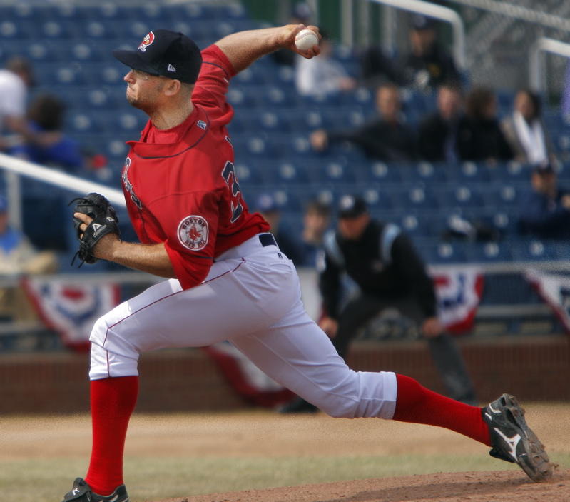 Stephen Fife delivers a pitch in today's game at Hadlock Field. Fife pitched five scoreless innings, allowing three hits, in the Sea Dogs' 2-0 win over the Reading Phillies.