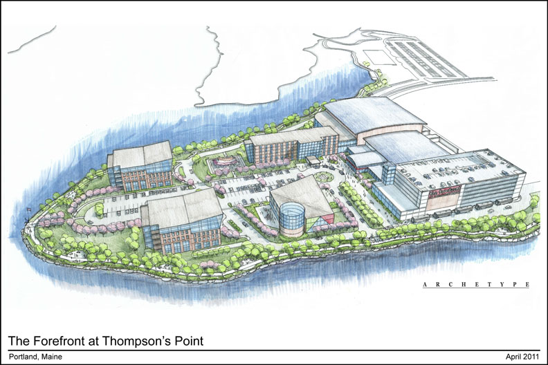 A conceptual drawing shows The Forefront at Thompson's Point complex with a hotel, offices, a music hall and an event center.