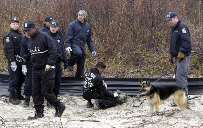 Emergency personnel examine an a roadside area near Jones Beach in Wantagh, N.Y., today.