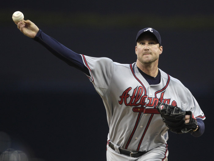 Atlanta Braves starting pitcher Derek Lowe releases a pitch against the San Diego Padres on Monday in San Diego.