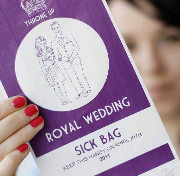 Ellie Phillips holds up a specially commissioned airline style sick bag for people who have had too much of the Royal Wedding between Prince William and Kate Middleton. While millions around the world are following every detail of the wedding planning, the guest list, the decor and the dress, others are trying to tune it out. The couple are scheduled to marry at Westminster Abbey on April 29.