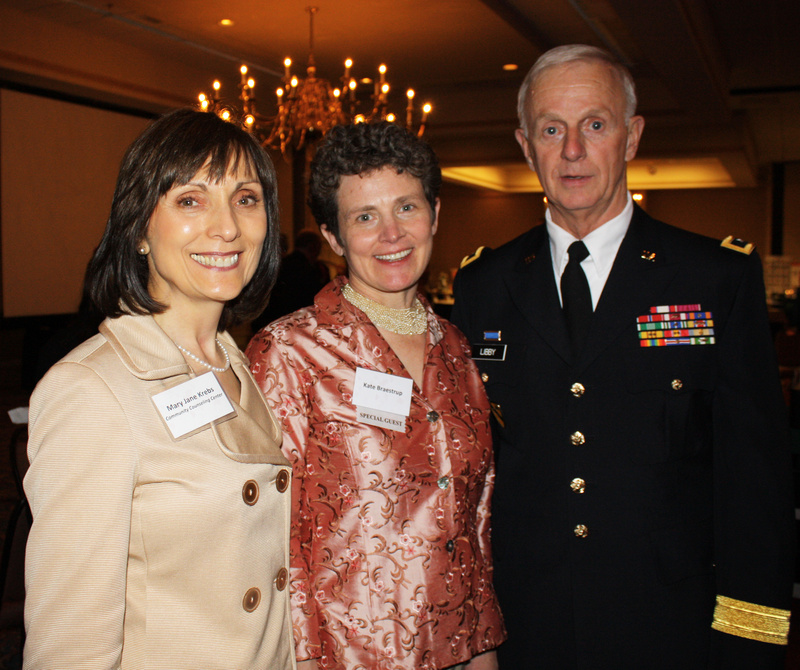 Interim CEO Mary Jane Krebs, Heart of Gold award winner Kate Braestrup and Maj. Gen. John Libby of the Maine National Guard, last year’s winner of the Heart of Gold award.