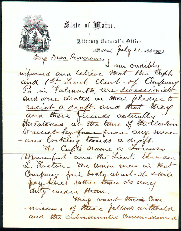 A letter by Attorney General Josiah Drummond warned Gov. Israel Washburn in 1862 against appointing Chamberlain lieutenant colonel.