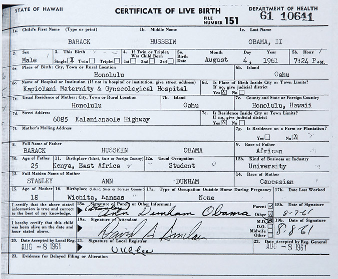 A detail of a copy of Pesident Barack Obama's birth certificate, provided by the White House.