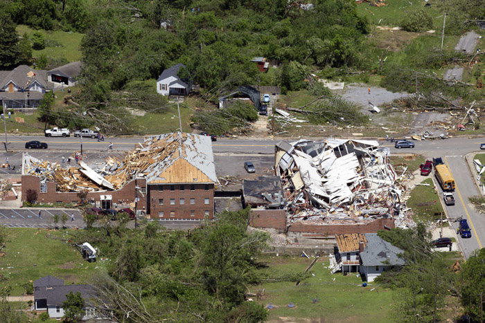 An aerial view of damage to downtown Cullman, Ala., today.
