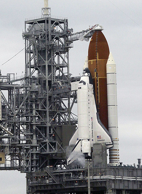 The space shuttle Endeavour sits on Launch Pad 39-A during fueling at Kennedy Space Center in Cape Canaveral, Fla., today.