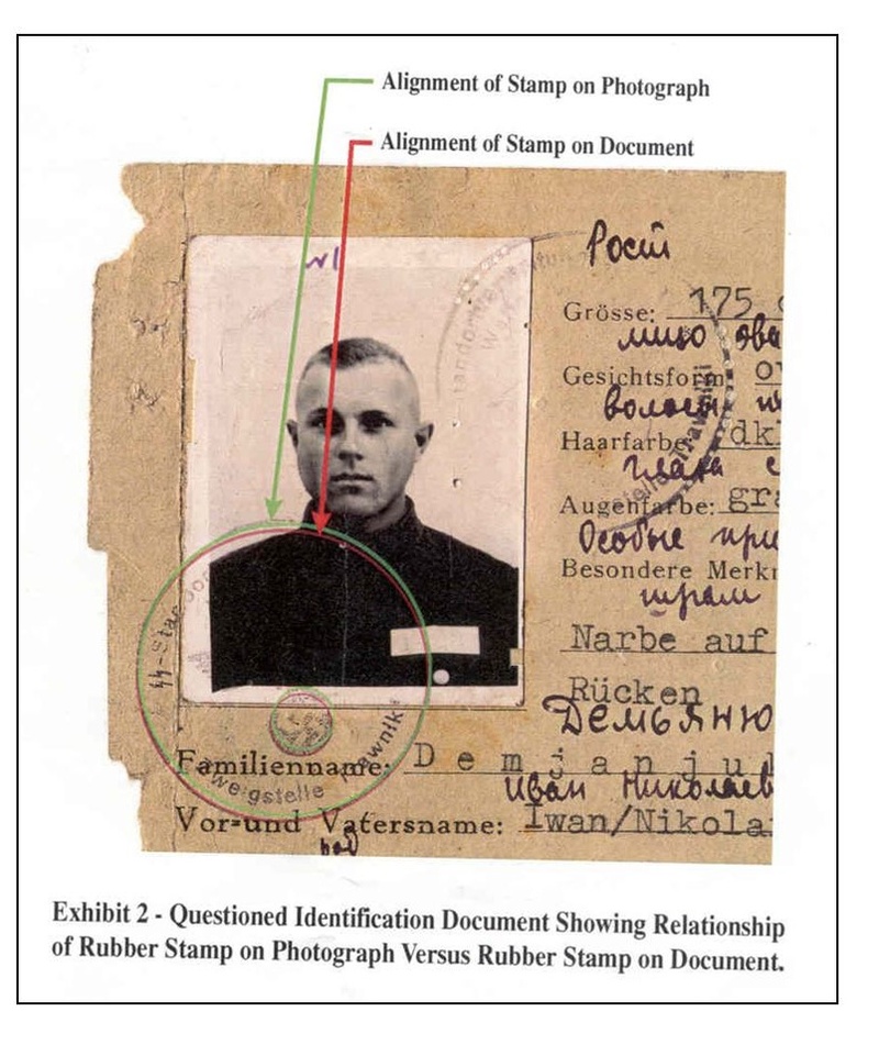This image, released by the U.S. Department of Justice in 2002, shows annotations made by the agency on part of a World War II-era SS identity card alleged to have belonged to John Demjanjuk. The FBI believed the Soviets “quite likely fabricated” evidence central to Demjanjuk’s prosecution as an alleged Nazi death camp guard, newly declassified documents indicate.