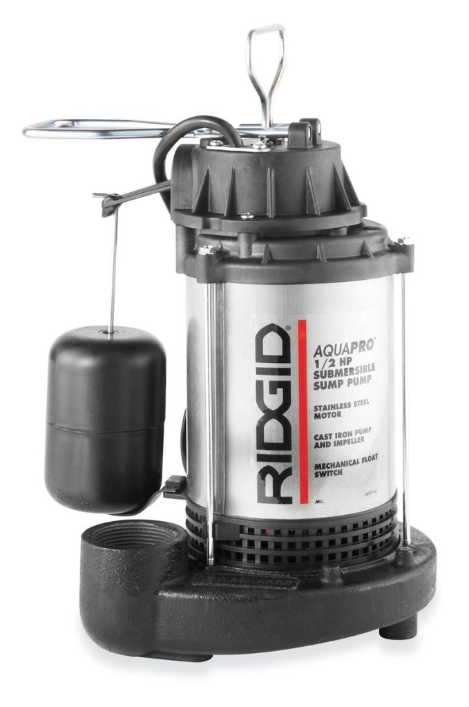 The RIGID Submersible Sump Pump has a maximum pumping capacity of 4,000 gallons per hour. The manufacturer says its design allows it to replace most pedestal sumps with no plumbing changes. ridgid aquapro