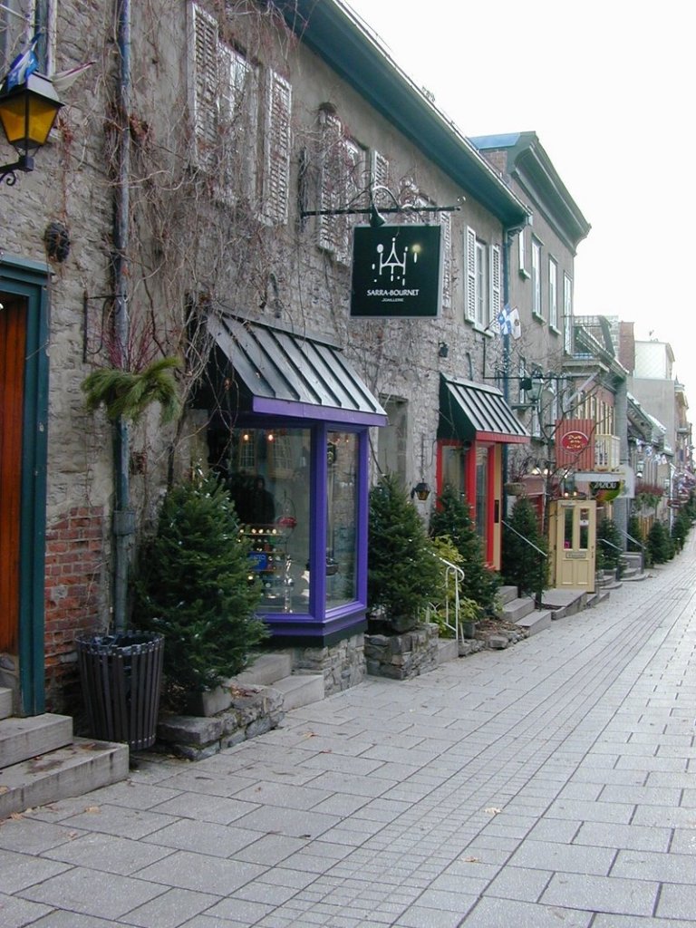 Quaint shops and restaurants line the pedestrian-only Rue Petit-Champlain in the Lower Town of Old Quebec.