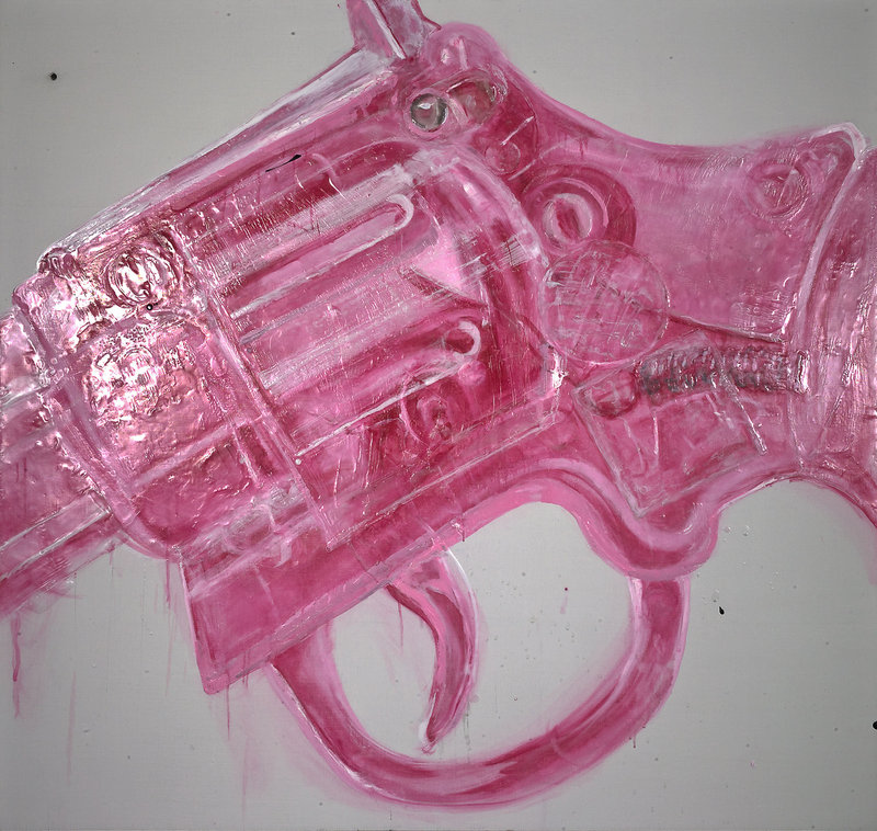 “Pink Cap Gun I,” 2010, by Beverly Rippel, oil and encaustic on linen.