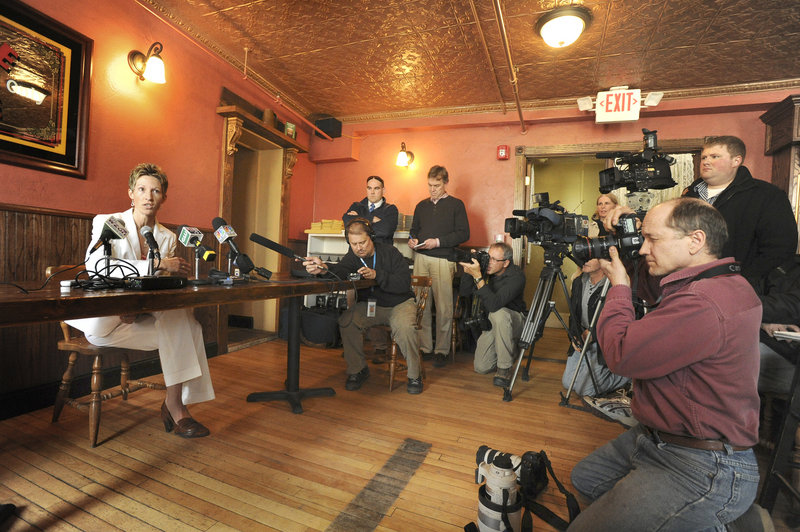 Cindy Blodgett fields questions Thursday during a news conference at Paddy Murphy’s Pub in Bangor about her firing as women’s basketball coach at the University of Maine.