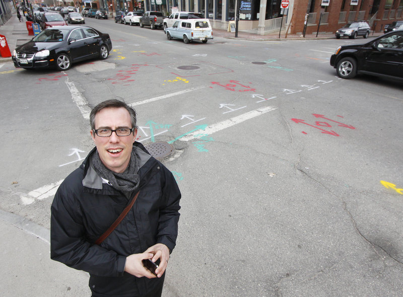 Keith Gosselin of Portland is concerned that the markings on streets, curbs and sidewalks will be unsightly for visitors to the Old Port, a major tourist destination. “I recognize that we have to be repairing things, and projects are projects, but this is really madness,” he said.