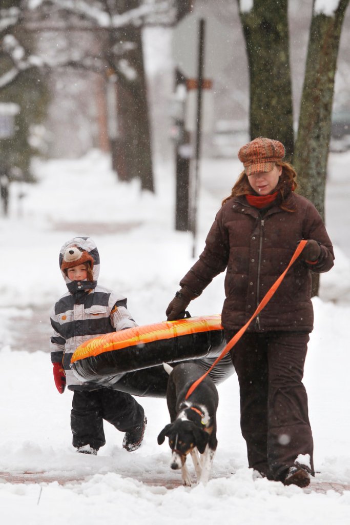 Liam Spalding, 5, and his mom, Lisa Carey, walk with Sarah the family dog along Spring Street in Portland after sledding.