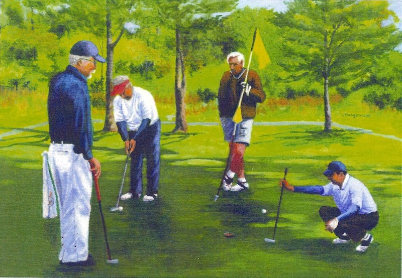 This painting by Corrine Bongiovanni is "4 Guys on the 16th at Willowdale."