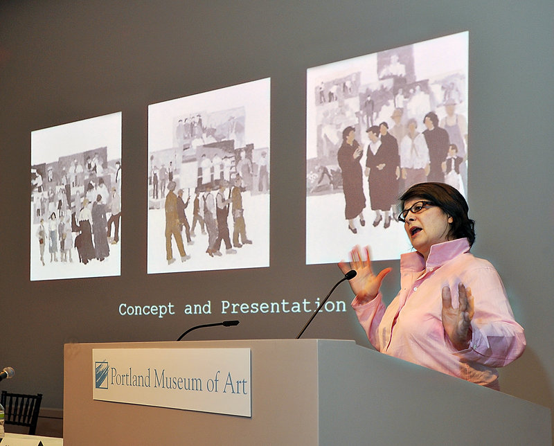 Tremont artist Judy Taylor discusses her “History of Labor in Maine” mural during a public forum April 8 at the Portland Museum of Art.