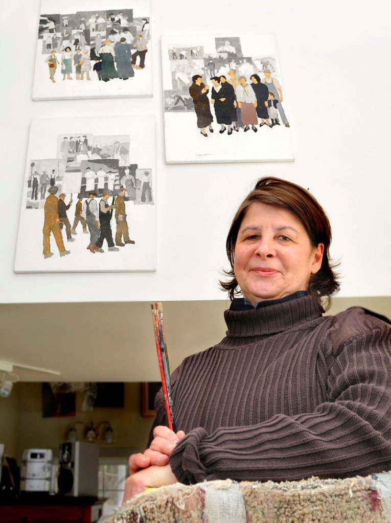 Artist concept paintings for the controversial labor mural hang on a wall at Judy Taylor’s studio in Tremont on Mount Desert Island. She rejects the idea that her murals serve as left-wing propaganda. “Propaganda art is angry,” she says. “My murals are not angry. They are warm.”