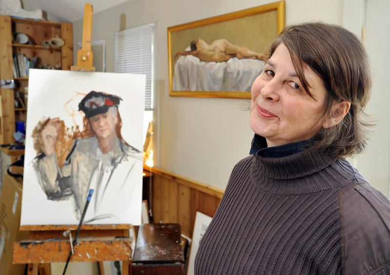 Judy Taylor, pictured in her Tremont studio, feels uncomfortable with the focus on her, but is pleased that so many people are talking about her work since her mural’s removal from the Department of Labor building.