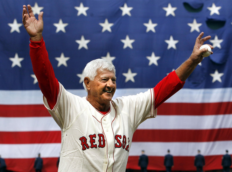 The hair may be white and 28 years may have passed since he played, but Carl Yastrzemski, who threw out the first pitch, remains a Fenway Park icon.