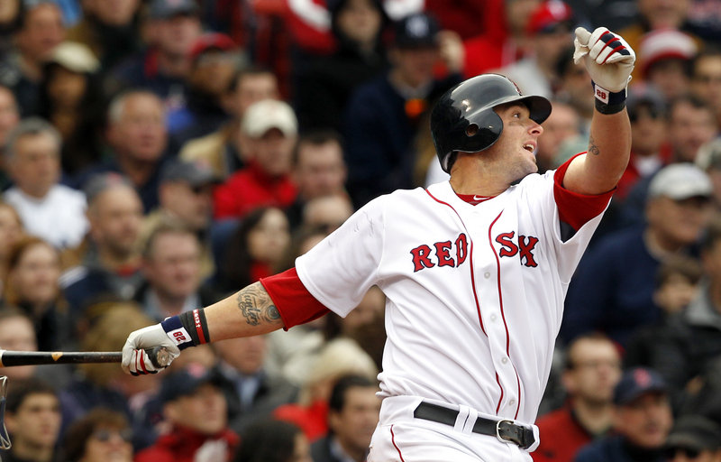 Jarrod Saltalamacchia hits a double in the fifth inning Friday afternoon at Fenway Park, scoring Kevin Youkilis and breaking a 6-6 tie against the New York Yankees. It was just the second hit of the year for the Red Sox catcher.