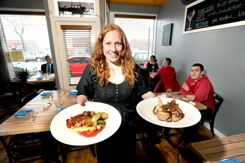 Megan Schroeter serves grilled duck breast and bacon-wrapped chicken.