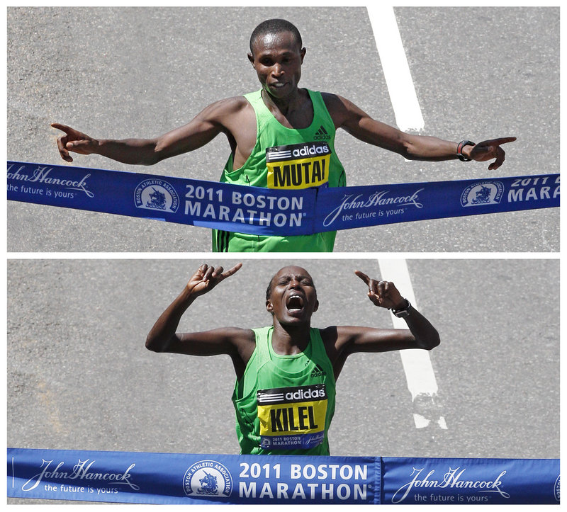 Top: Geoffrey Mutai of Kenya crosses the finish line to win the fastest marathon ever run in the men’s division at 2:03:02. Bottom: Caroline Kilel, also of Kenya, won the women’s division in 2:22:36.