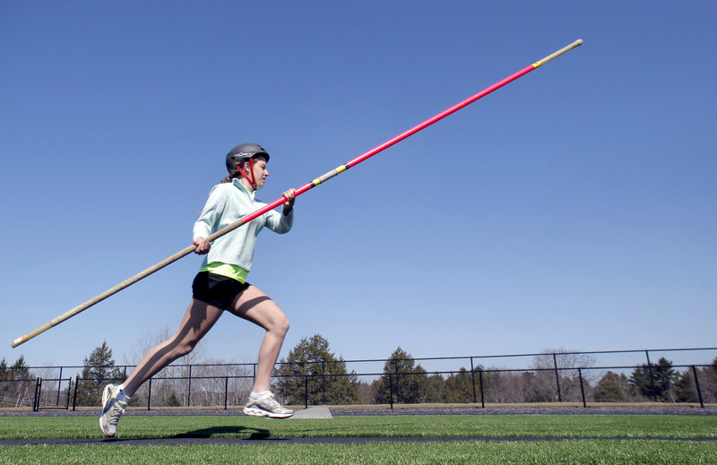 Nevada Horne of Falmouth saw pole vaulting and decided it looked like a cool sport. It is, and other high school girls have been giving it a try.