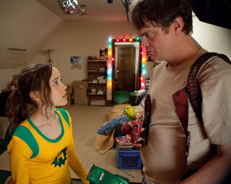 Rainn Wilson goes after bad guys – and even casual transgressors – with the aid of an eager comics store clerk played by Ellen Page in “Super.”