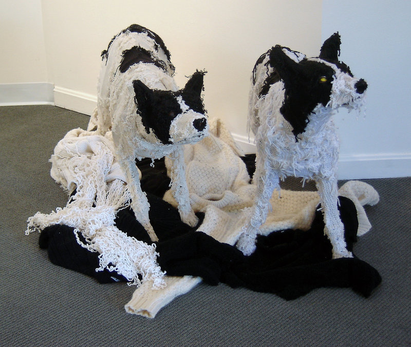In the “Critters” exhibition at the Art Gallery at the University of New England in Portland: “SweaterDogs” by Kitty Wales.