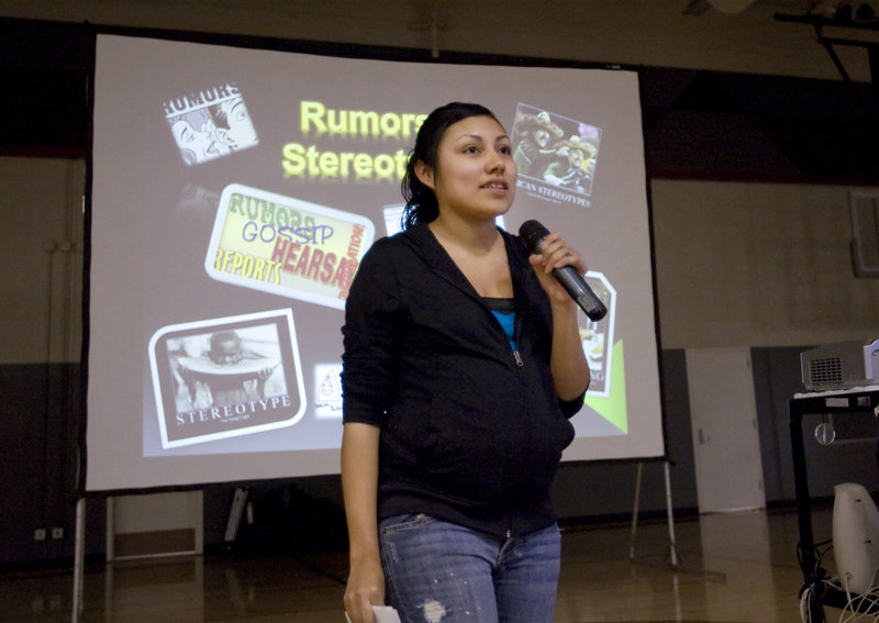 Gaby Rodriguez talks about rumors and stereotypes at a school assembly Wednesday, during which she revealed that for the past six months she faked a pregnancy in order to test the reactions of friends and family for a senior project.