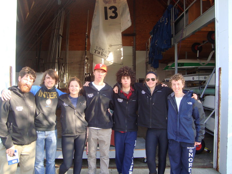 The Falmouth High sailing team qualified for the national championships by finishing in the top four at a regatta in Marion, Mass. Michael McAllister, left, is the coach, and other team members, from left to right, are Francesco Montanari, Hollister Poole, Charlie Lalumiere, Myles Everett, Ellie MacEwan and Jackson Bloch.