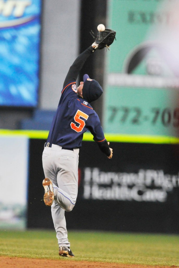 Binghamton second baseman Josh Satin makes an overhead catch in the second inning Monday, the opening game of a four-game series at Hadlock.