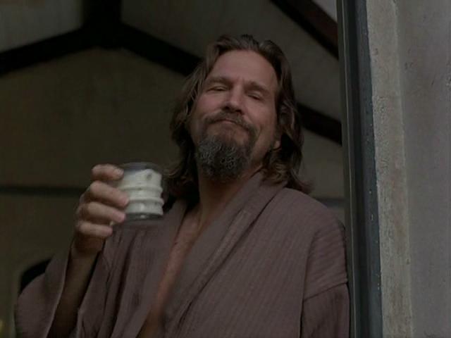 Jeff Bridges as Jeff "The Dude" Lebowski, who, among his many idiosyncrasies, favored White Russians.