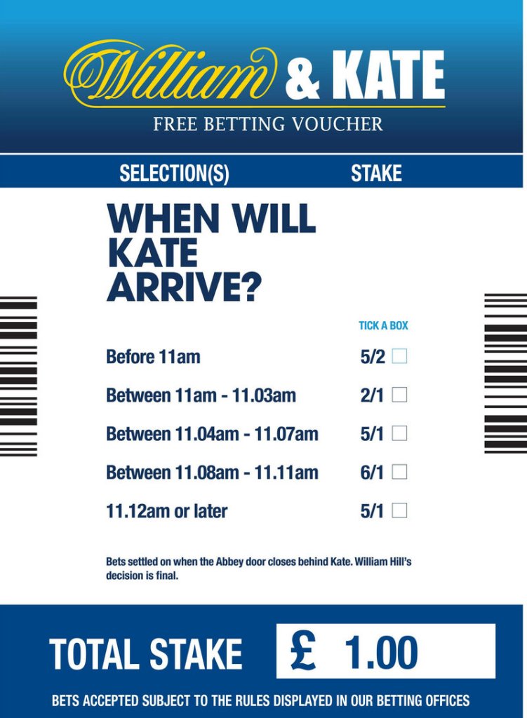 This image shows the design of William Hill’s William & Kate betting slip. British bookmakers say that they could see more than $1.6 million worth of wagers on the royal wedding.