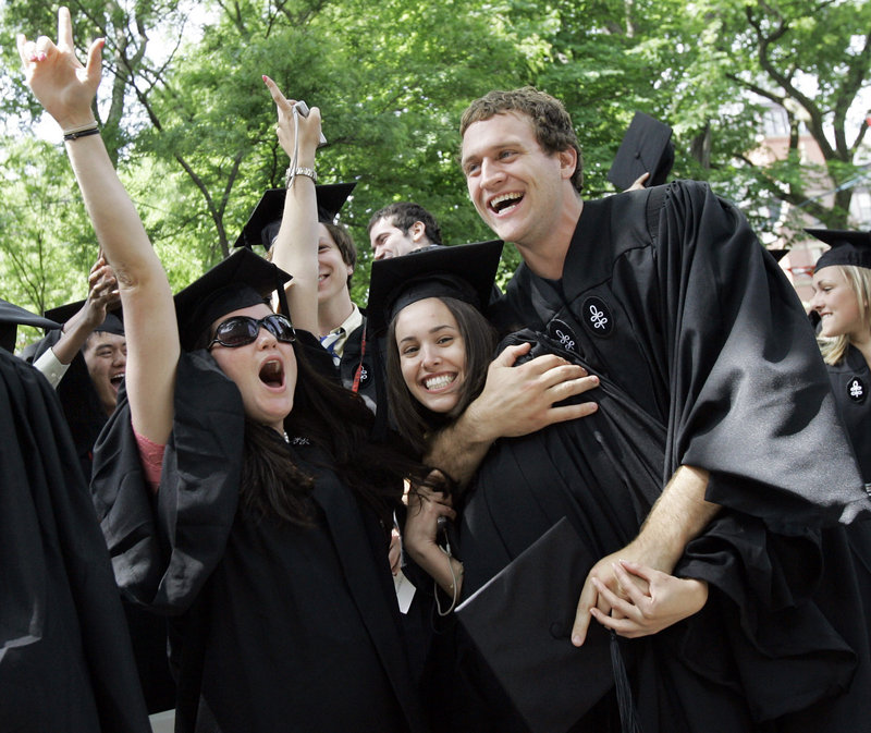A female graduate celebrates at Harvard’s 2007 commencement in Cambridge, Mass.