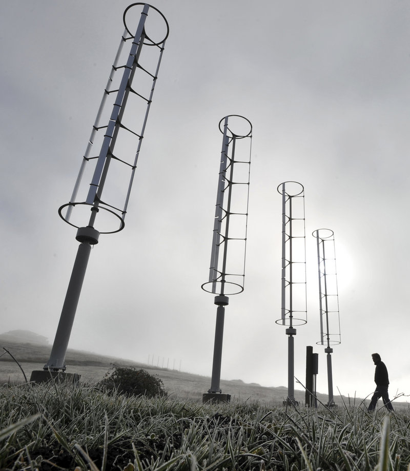 A Windspire vertical turbine, similar to ones shown hear near Ashland, Ore., will be installed next to DiMillo's Restaurant on the Portland waterfront this summer.