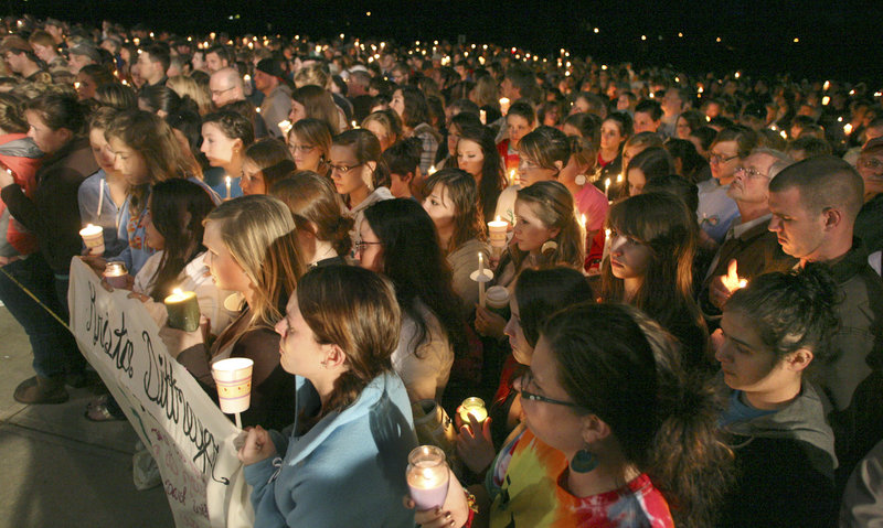 A candlelight vigil for Krista Dittmeyer drew more than 1,000 people to Stevens Brook Elementary School in Bridgton on Thursday night. The body of Dittmeyer, who had been last heard from Friday night, was recovered Wednesday from a pond in North Conway, N.H.