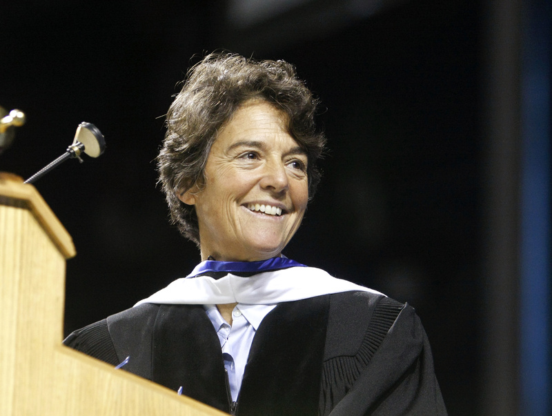 Linda Greenlaw of Isle au Haut, Maine best-selling author and America's only female swordfishing captain, gives the commencement address at the University of Southern Maine 131st commencement at the Cumberland County Civic Center in Portland today.