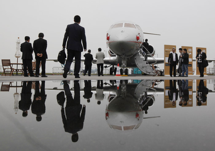 Visitors tour the Bombardier Global Express XRS corporate jet during the Asian Aerospace Show in Hong Kong in March.