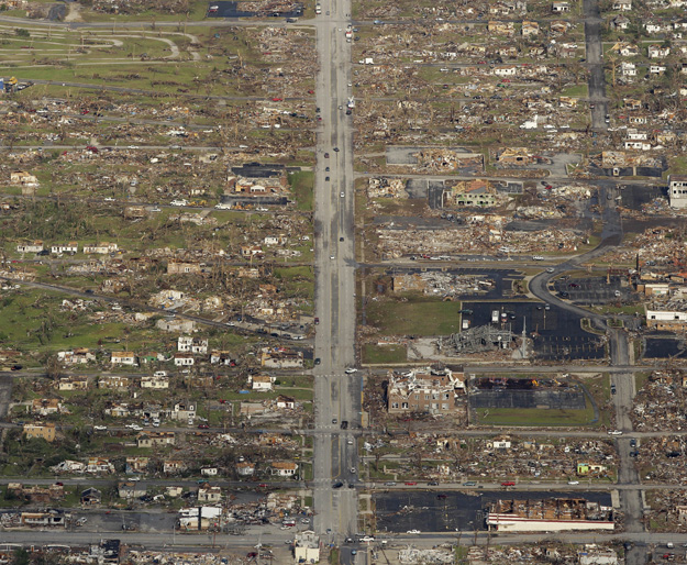 The path of a powerful tornado is seen in an aerial photo over Joplin, Mo., today.