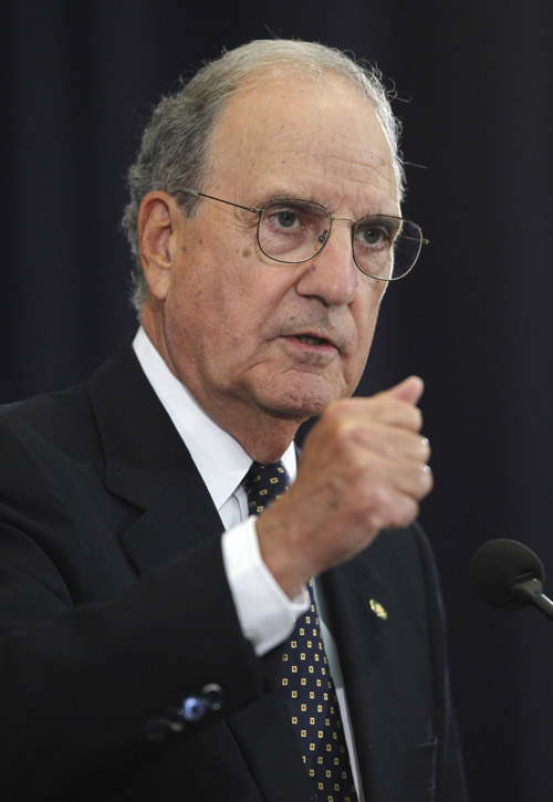 Special Envoy for Middle East Peace George Mitchell briefs reporters at the State Department in Washington in this 2010 photo.