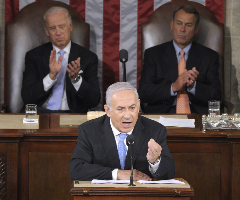 Israeli Prime Minister Benjamin Netanyahu addresses a joint meeting of Congress on Capitol Hill last week. Behind him are Vice President Joe Biden, left, and House Speaker John Boehner of Ohio, right.