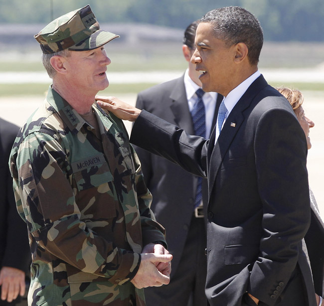 President Barack Obama talks today with U.S. Navy Vice Admiral William H. McRaven, who as commander of Joint Special Operations Command (JSOC) had operational control of the mission to get Osama bin Laden.