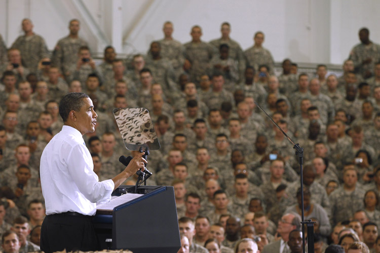 President Barack Obama addresses military personnel who have recently returned from Afghanistan, today at Fort Campbell, Ky.