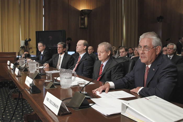 Oil company executives, from left, Chevron CEO John Watson; Shell Oil President Marvin Odum; BP America Chairman H. Lamar McKay; ConocoPhillips CEO James Mulva; and ExxonMobil CEO Rex Tillerson testify today before the Senate Finance Committee.