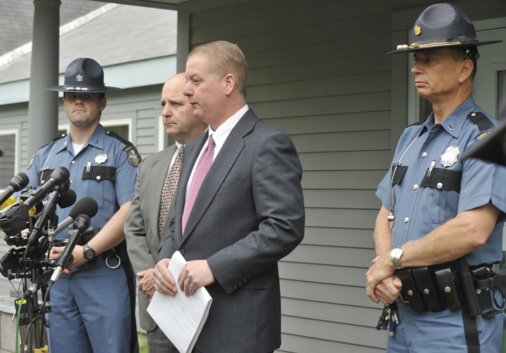 Maine State Police spoke briefly to the news media at a press conference at the State Police barracks in Alfred this afternoon. From left are: Trooper Kevin Rooney, Major Dale Lancaster, Lt. Brian McDonough, and Lt. Louis Nyitray.