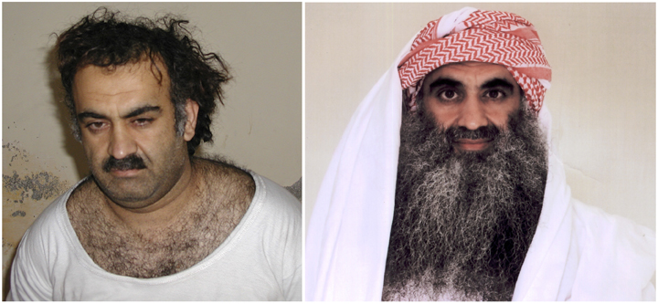 A 2003 photo of Khalid Sheikh Mohammed, the alleged 9/11 mastermind, shortly after his capture. At right, a 2009 photo of Mohammed purportedly taken at Guantanamo Bay, Cuba.
