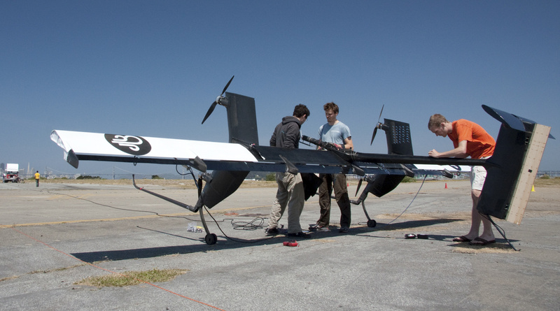 This May 24 photo provided by Makani Power shows flight team engineers preparing for the first crosswind test of their 20kW Wing 7 airborne wind turbine prototype in Alameda, Calif.